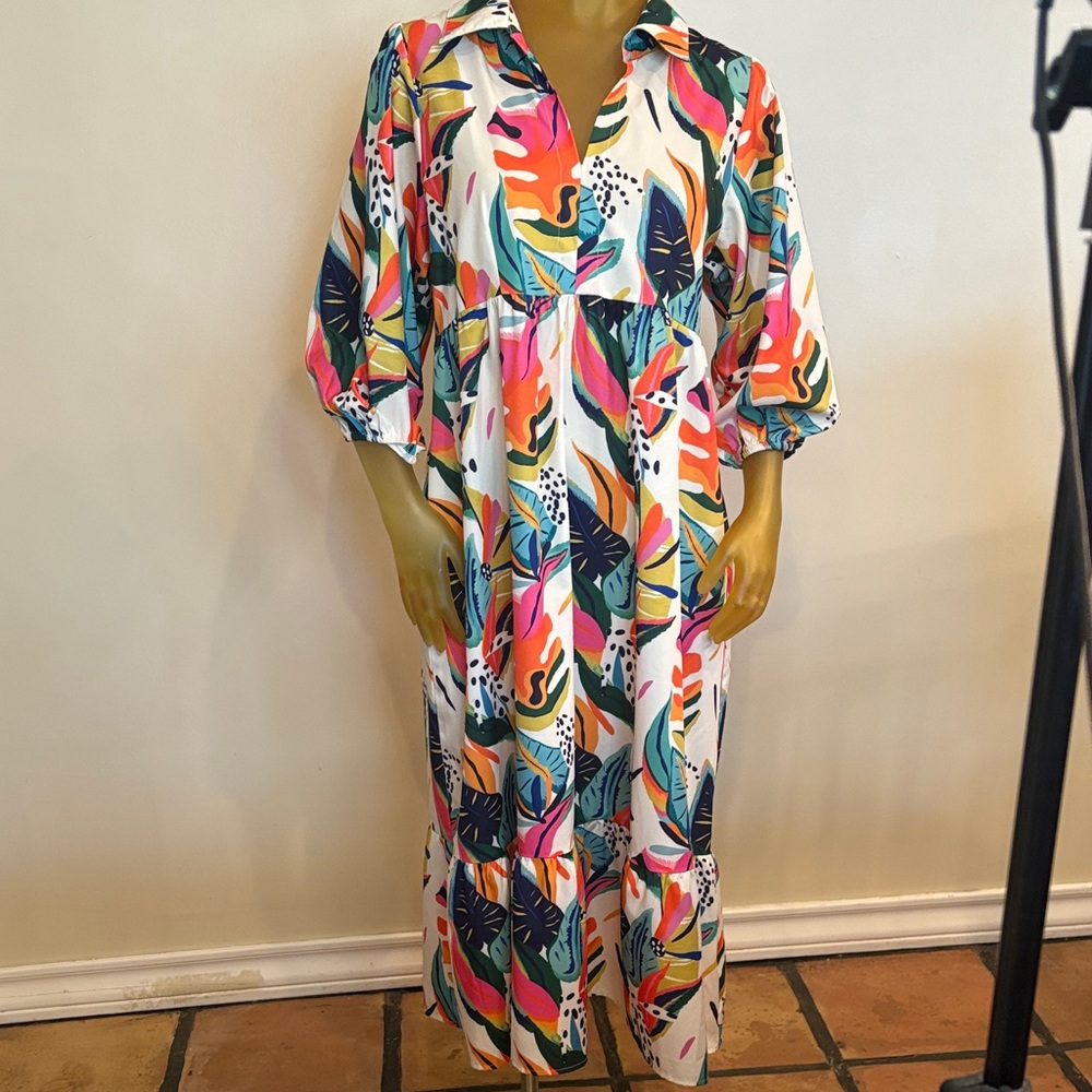 Umgee Colorful Tropical Print Midi Dress